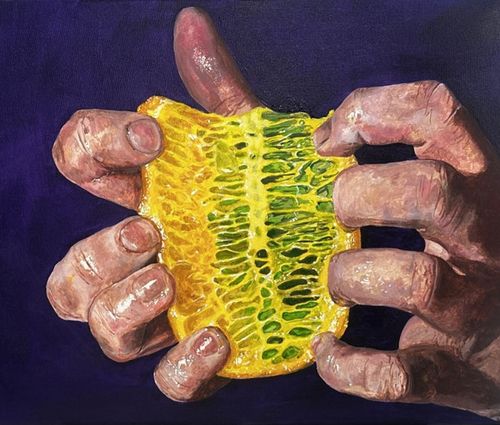 Painting of two hands around a sliced piece of fruit