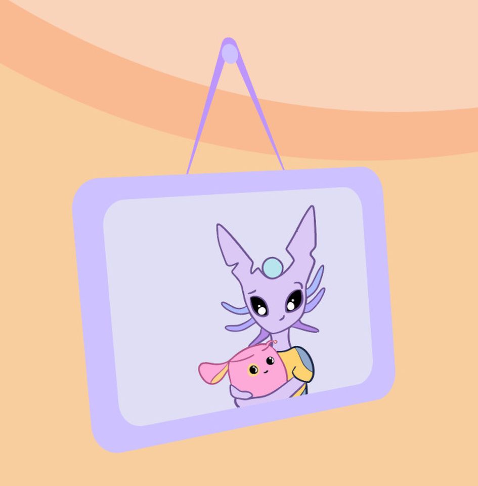 Animation still of framed photo of purple alien creature hugging pink marshmallow-esque creature