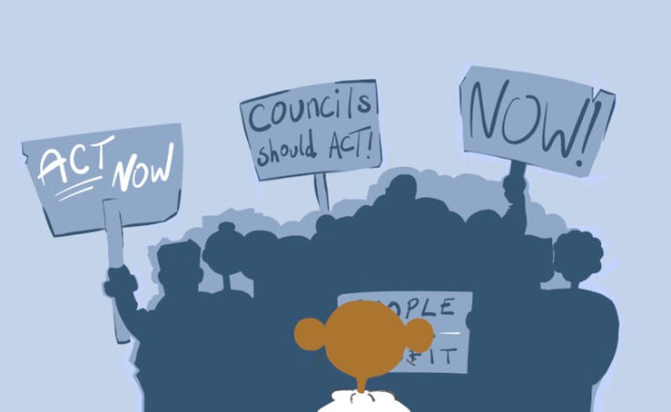 Animation still of person seen from behind facing a silhouetted protest crowd holding signs reading "ACT NOW", "Councils should ACT!" and "NOW".