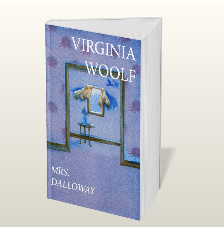 Cover of "Mrs. Dalloway" by Virginia Woolf, featuring a blue-toned interior with a mirror and a table with a vase.