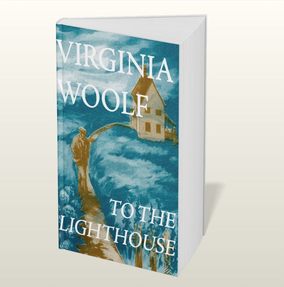 Cover of Virginia Woolf's "To the Lighthouse" featuring a person walking towards a house on a stormy sea background.