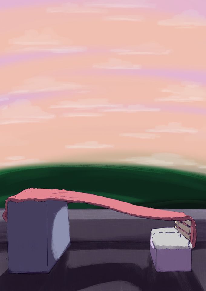 Animation still of pieces of material stretched over bench and concrete block