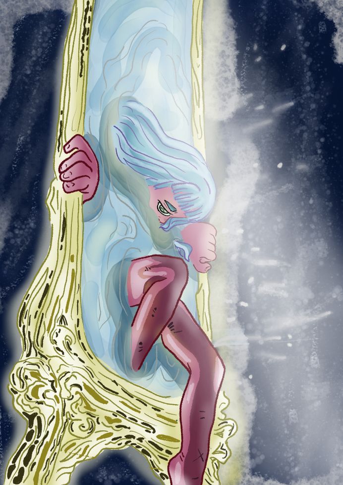 Animation still of woman with blue hair emerging from gold-framed mirror