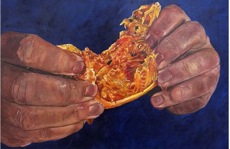 Painting of two hands holding a squished orange
