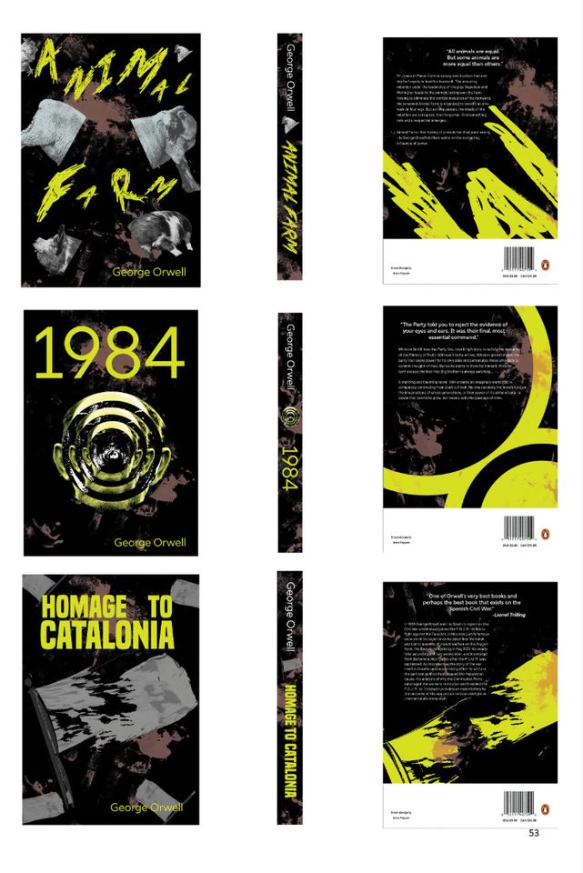 Various designs for George Orwell book covers using yellow font against brown, grey and black imagery