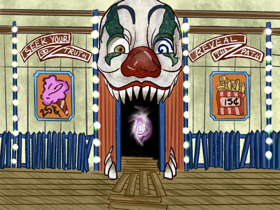 ANimation still of a fairground attraction with evil clown face above the entrance and signs reading "Seek your truth" and "Reveal the path" on red banners either side of it as well as posters for snacks