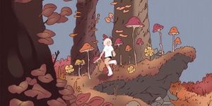 Animation still of girl with white hair walking through a whimsical forest with large, colorful mushrooms and autumnal foliage.