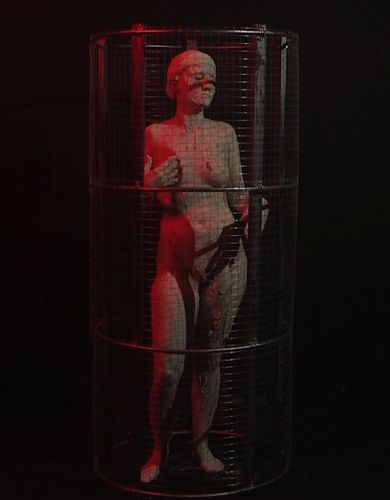 Photo of a statue of a woman inside a cylindrical cage