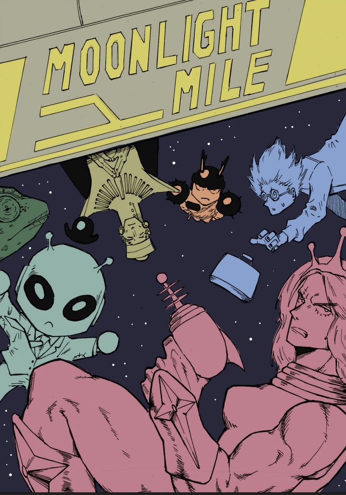 Illustration of various sci-fi characters floating in space under title "Moonlight Mile"