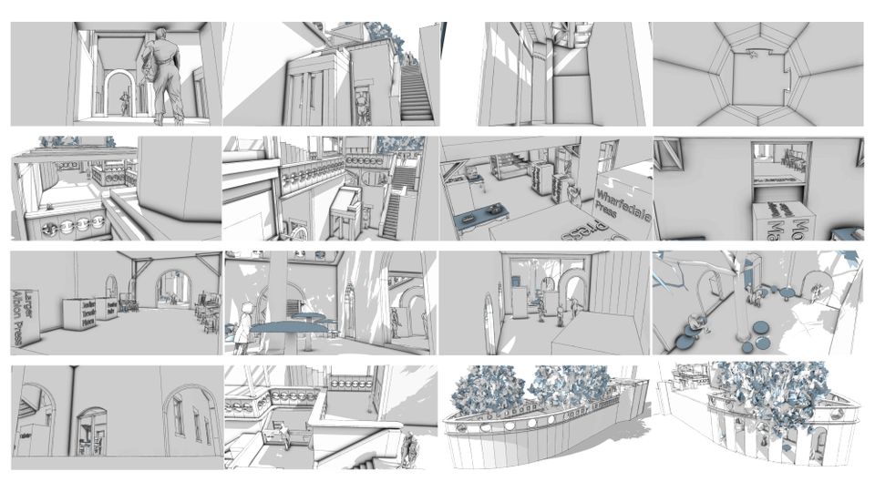 Grid of design images for museum interior