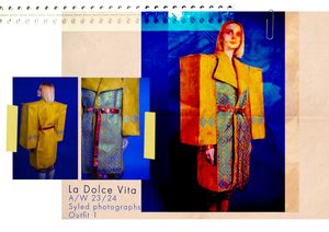 Model in oversized yellow coat with geometric patterns, blue backdrop, labeled "La Dolce Vita A/W 23/24 Styled photographs Outfit 1."