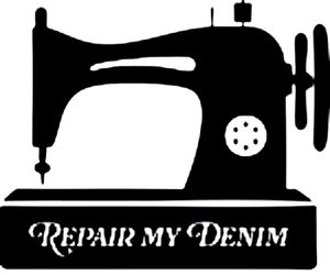 Silhouette of a vintage sewing machine with the text "Repair My Denim" below it.