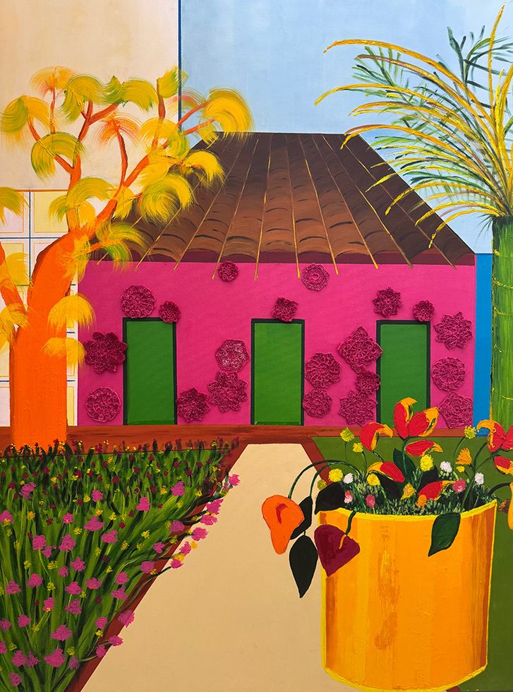 Acrylic and yarn picture of pink outhouse in garden surrounded by trees with a pot of flowers in front