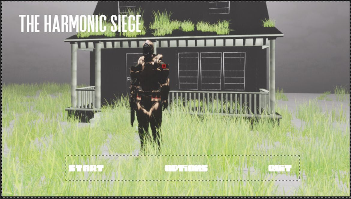 Game still of soldier standing in front of hut with title "The Harmonic Siege"
