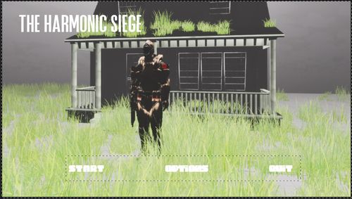 Game still of soldier standing in front of hut with title "The Harmonic Siege"