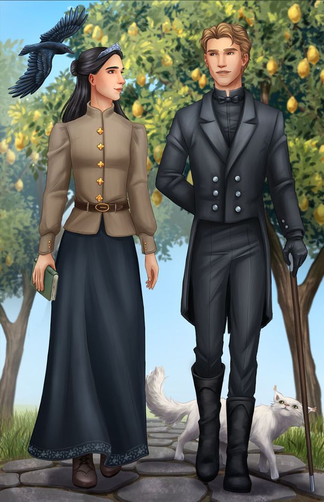 A man and woman walk through a forest with animals around them