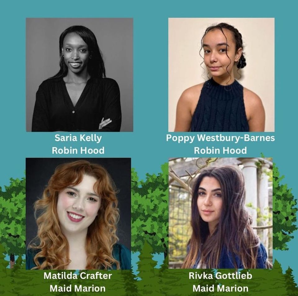 Four headshots of actors playing Robin Hood and Maid Marion against a blue and green background.