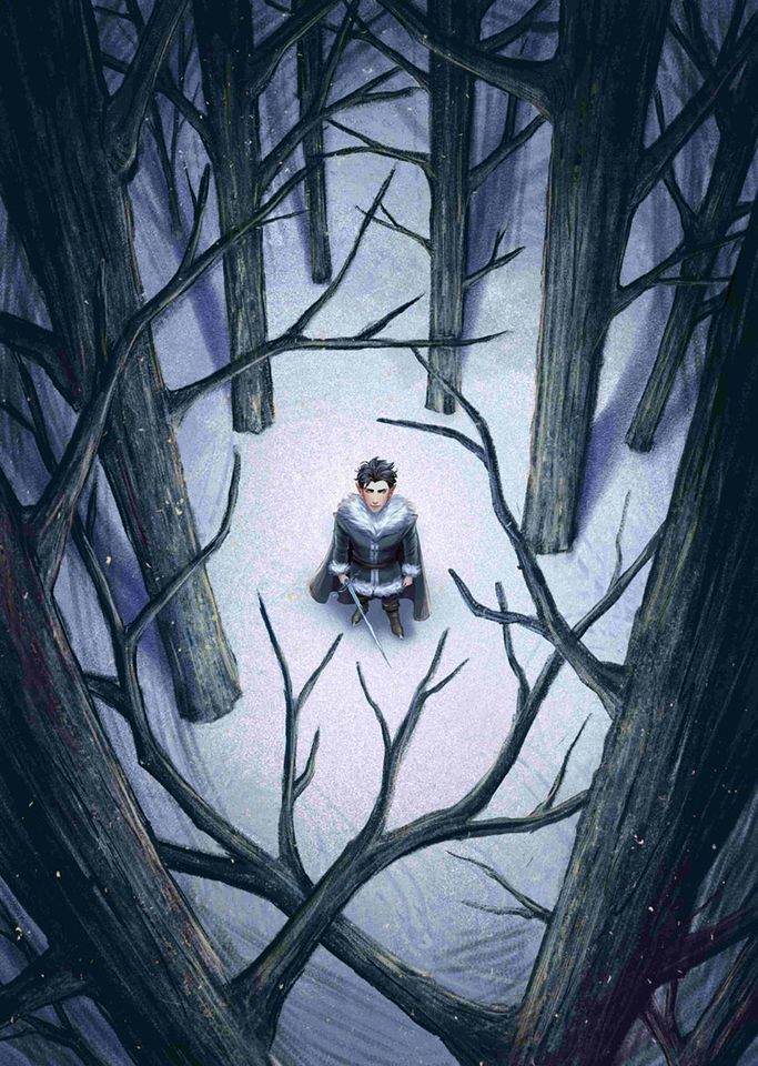Illustration of a man standing in middle of snowy forest