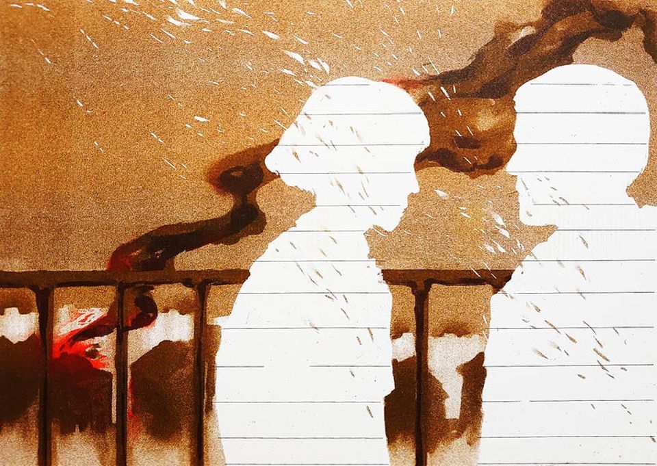 Silhouettes of two figures facing each other, surrounded by abstract patterns and textures in earthy tones.