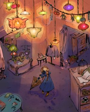 Illustration of woman dancing with umbrella in middle of shop with another person at a nearby desk