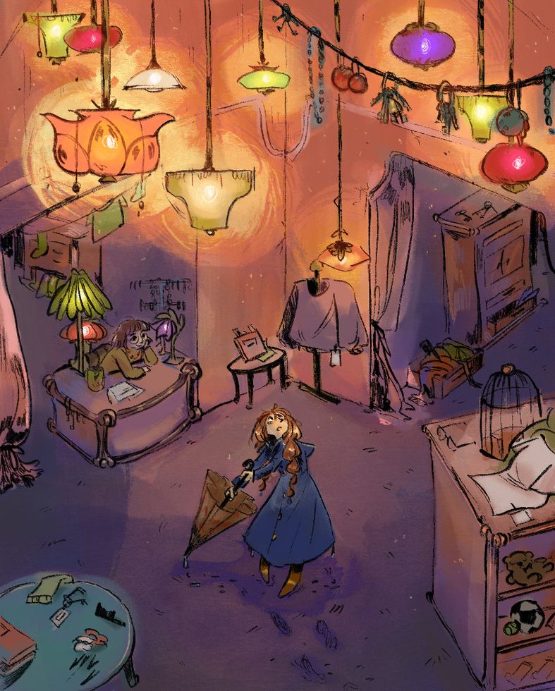 Illustration of woman dancing with umbrella in middle of shop with another person at a nearby desk