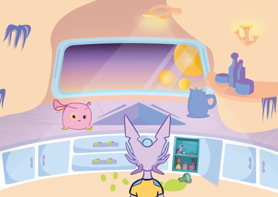 Animation still of an alien creature in a kitchen with a pink marshmallow-type creature on the counter