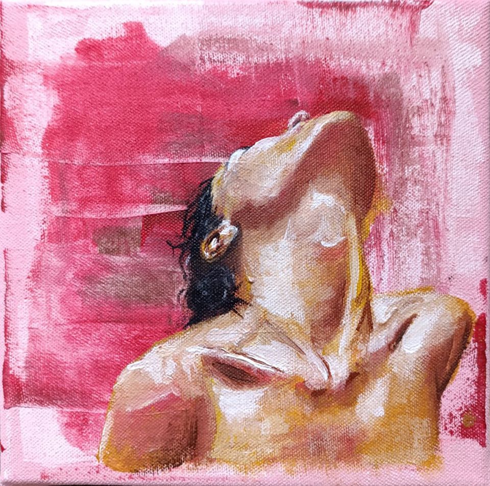 Painting of a person with head tilted back, eyes closed, against a textured pink background, capturing emotion and intensity.