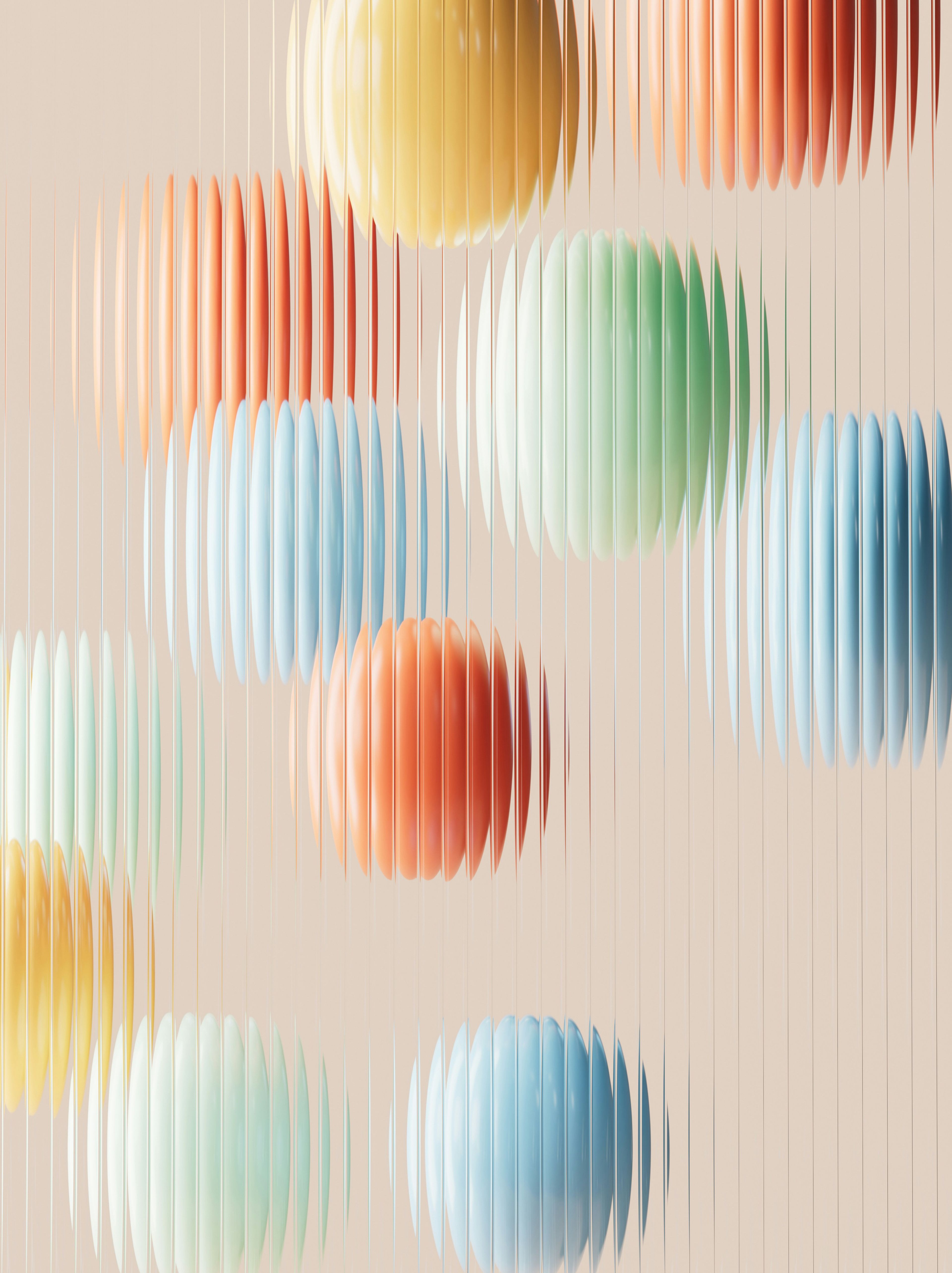 Abstract art with vertically elongated, colorful spheres in pastel shades on a beige background, creating a ripple effect.