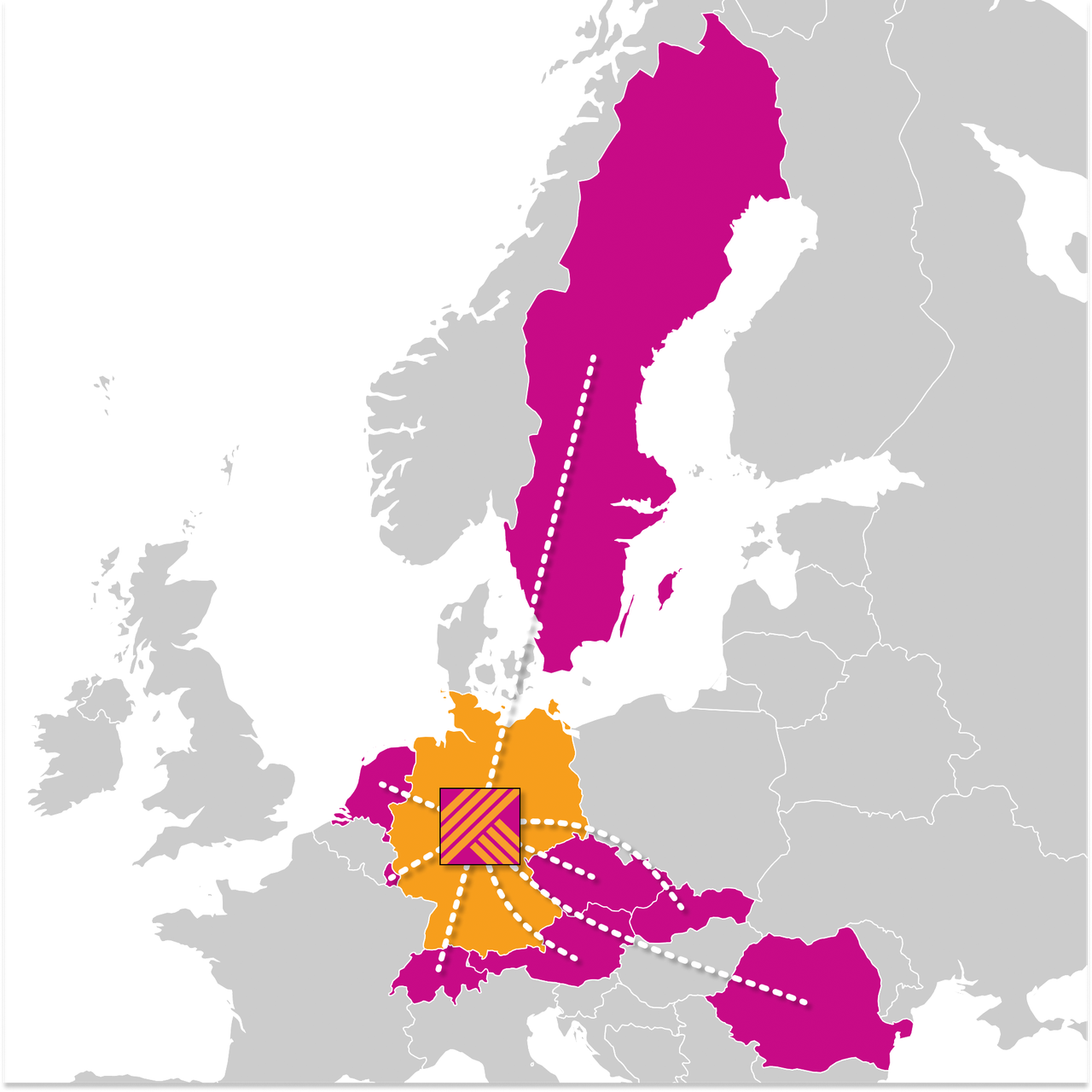 Hornbach expansion map in Europe (gradually switched to the new infrastructure in eight European markets - Luxembourg, Romania, Slovakia, the Czech Republic, Sweden, the Netherlands, Switzerland and Austria)