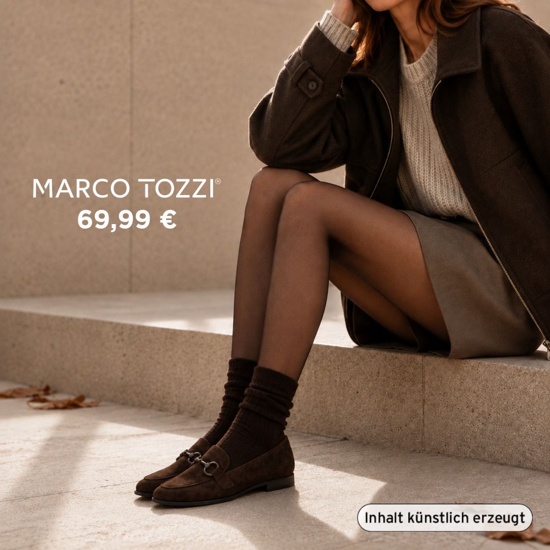 Eine Frau sitzt auf einer Steintreppe und trägt einen braunen Mantel, einen beigen Rock, einen Pullover, schwarze Strumpfhosen und braune Slipper der Marke MARCO TOZZI für 69,99 €. In der Nähe liegen abgefallene Blätter. Das Bild wurde künstlich mit ChatGPT erzeugt.