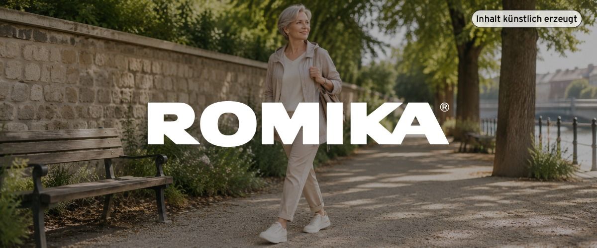 Eine Frau spaziert einen von Bäumen gesäumten Weg entlang, der an einer Steinmauer vorbeiführt. Das Logo der Marke Romika überlagert das Bild. Das Bild wurde künstlich mit ChatGPT erzeugt.