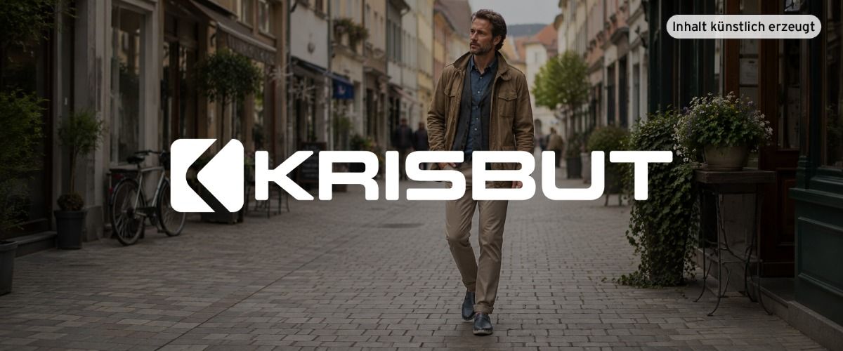 Ein Mann geht auf einer von Geschäften gesäumten Kopfsteinpflasterstraße entlang. Das Logo der Marke Krisbut überlagert das Bild. Das Bild wurde künstlich mit ChatGPT erzeugt.
