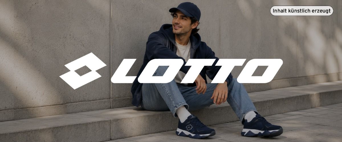 Ein Mann sitzt auf einer Betonstufe und trägt eine dunkelblaue Cap, einen Kapuzenpullover, Jeans und Lotto-Sneaker. Das Logo der Marke Lotto überlagert das Bild. Das Bild wurde künstlich mit ChatGPT erzeugt.