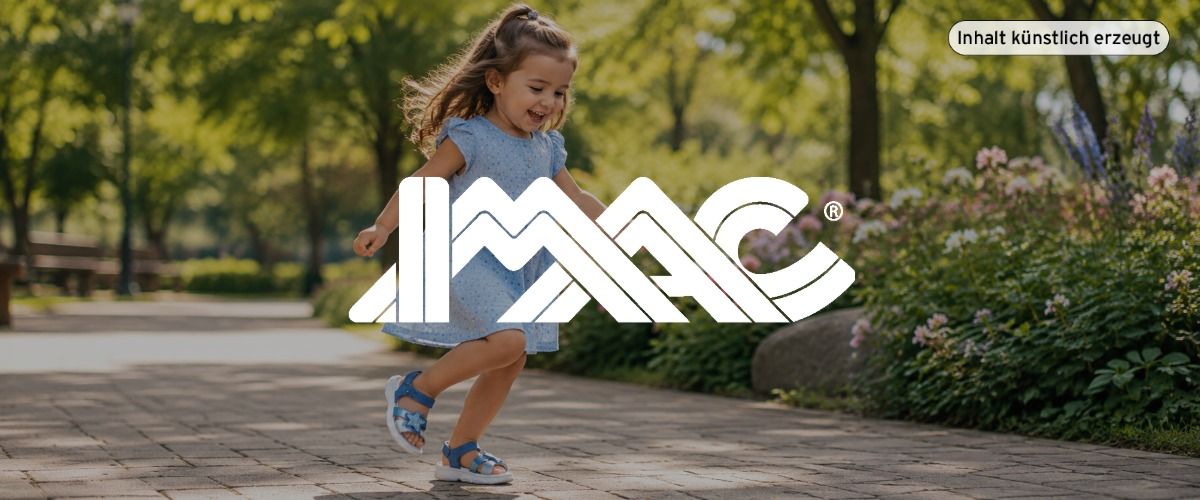 Ein junges Mädchen in einem blauen Kleid rennt fröhlich einen von Blumen und Bäumen gesäumten Weg in einem sonnigen Park entlang. Das Logo der Marke IMAC überlagert das Bild. Das Bild wurde künstlich mit ChatGPT erzeugt.