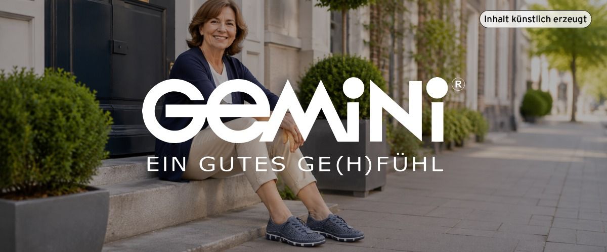 Eine Frau sitzt lächelnd auf einer Stufe im Freien, sie trägt Freizeitkleidung und Halbschuhe. Das Logo der Marke Gemini überlagert das Bild. Das Bild wurde künstlich mit ChatGPT erzeugt.
