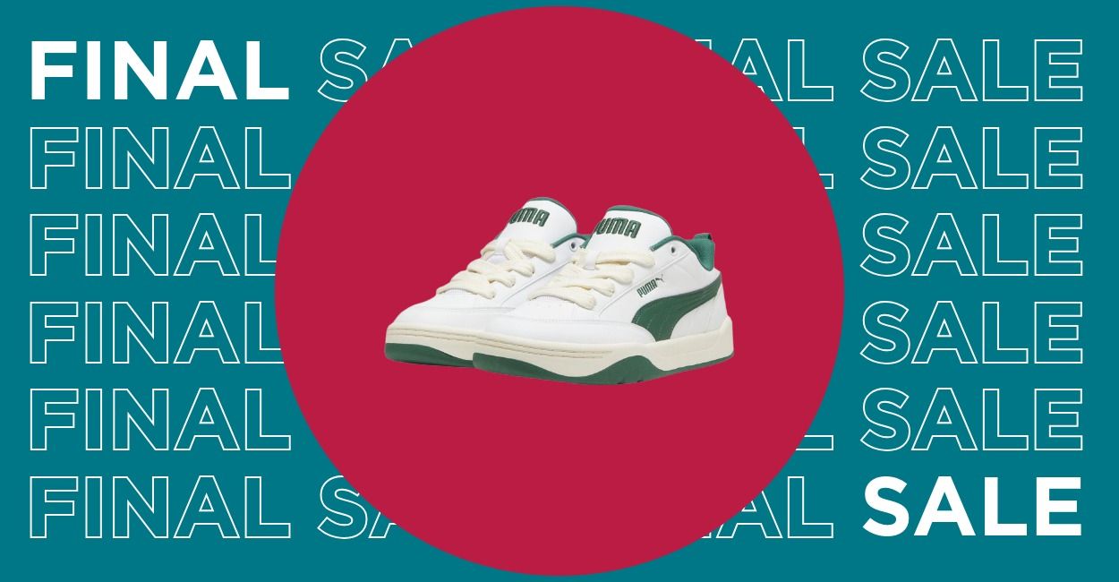 Weiße und grüne Sneaker auf einem roten Kreis, im Hintergrund wiederholt der Schriftzug „Final Sale“.
