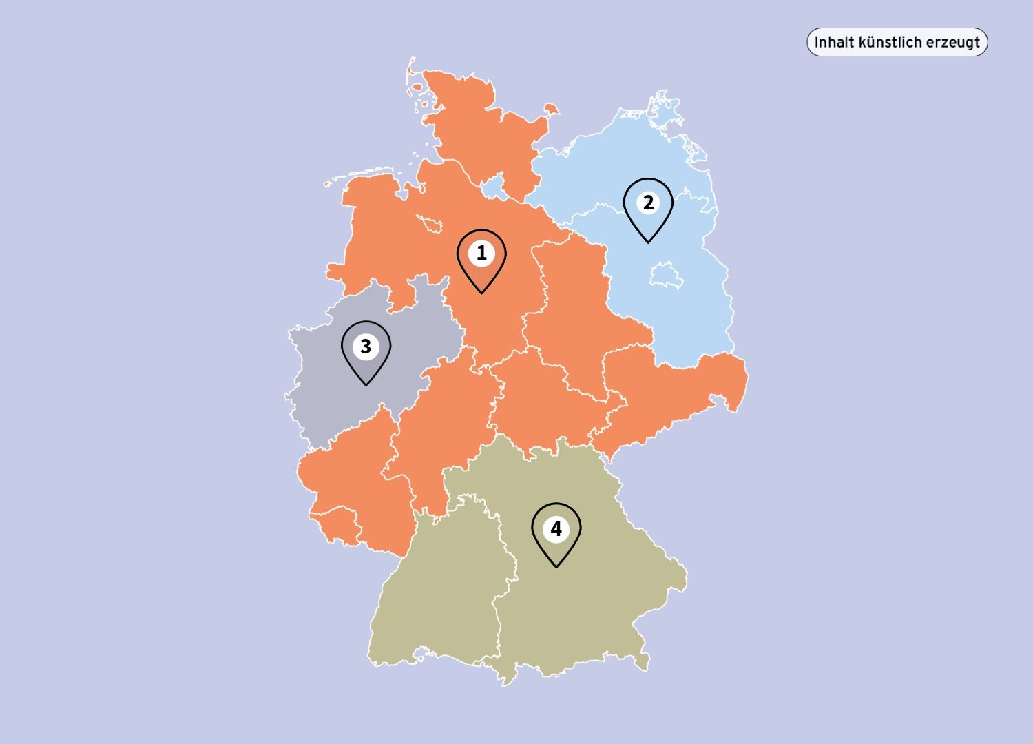 Eine Karte von Deutschland, unterteilt in eingefärbte Bundesländer mit nummerierten Ortsmarkierungen von 1 bis 4. Das Bild wurde künstlich mit Claude erzeugt.