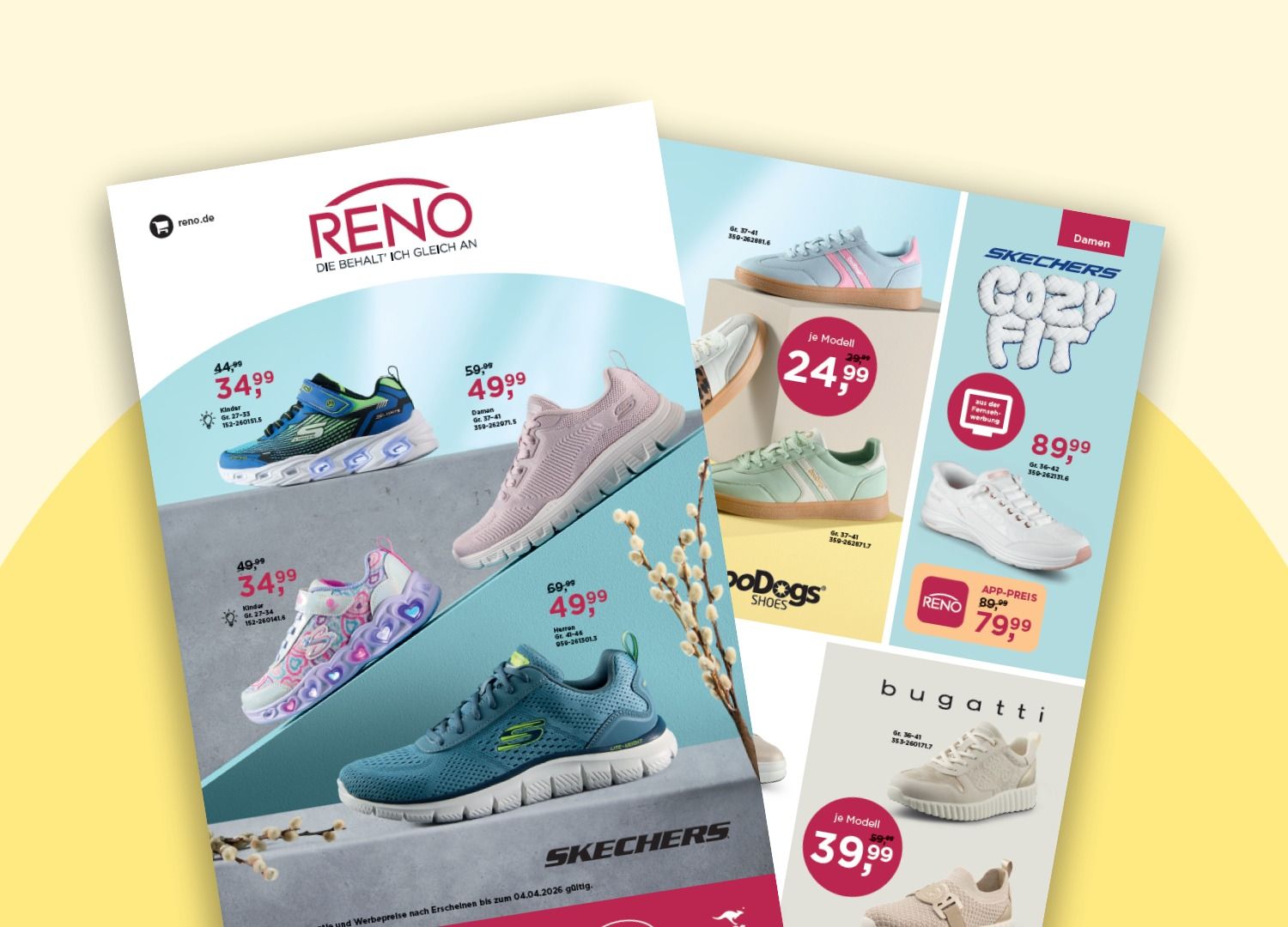 Sich überlappende Prospekt-Seiten zeigen verschiedene Sneaker, Marken und Preise vor einem hellen Hintergrund.