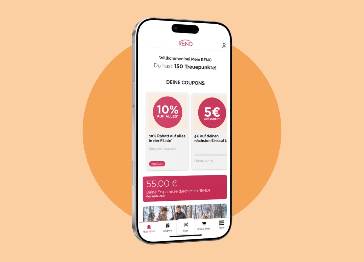 RENO-App mit Coupons und Treuepunkten.