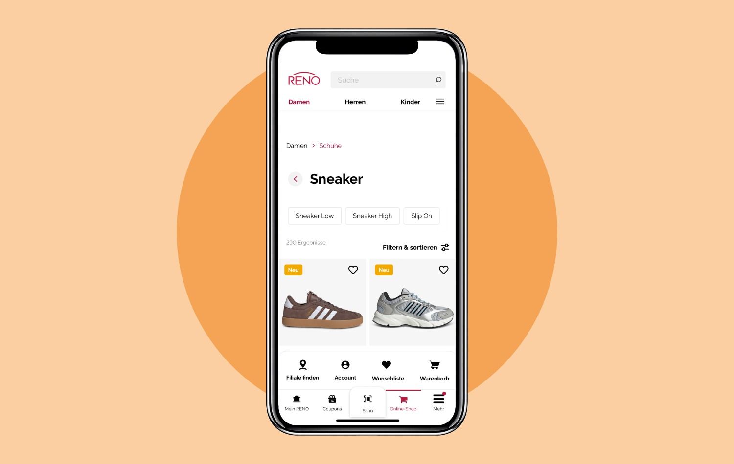Online-Shop in der RENO-App in der Kategorie Sneaker mit einer Auswahl an Artikeln