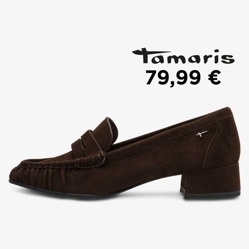 Brauner Loafer der Marke Tamaris mit niedrigem Blockabsatz und Quastenverzierung zum Preis von 79,99 €.