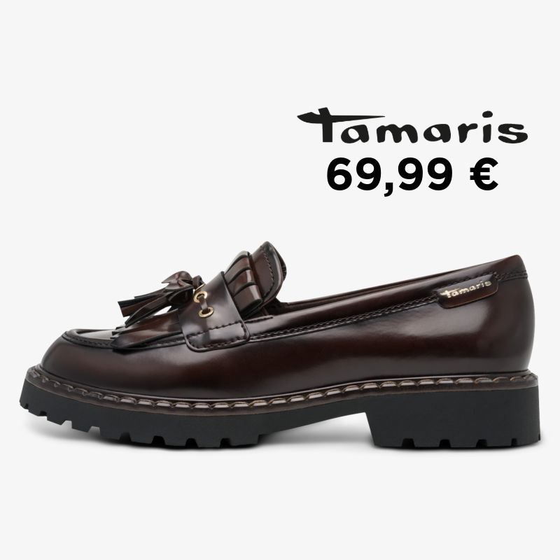 Brauner Loafer der Marke Tamaris mit einer klobigen schwarzen Sohle, Zierquasten und goldenen Beschlägen für 69,99 €.