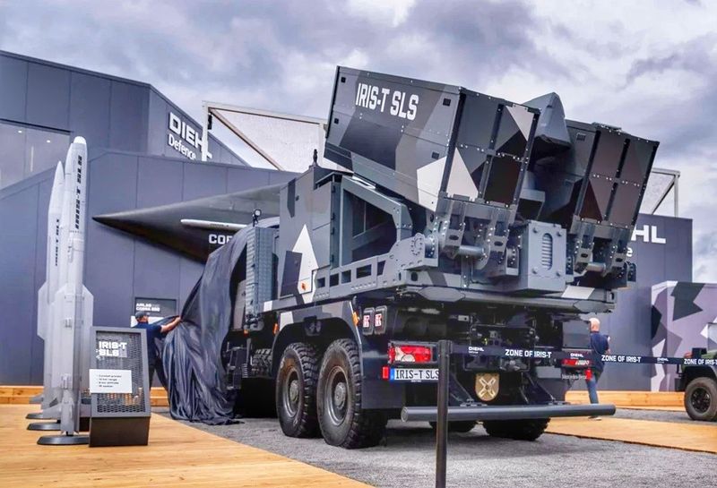 The rear of the military vehicle at the exhibition.