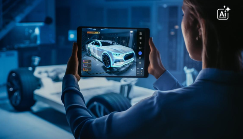 Eine Zeichnung von einer Person welche ein Tablet in der Hand hält welches Augmentet Reality zeigt.