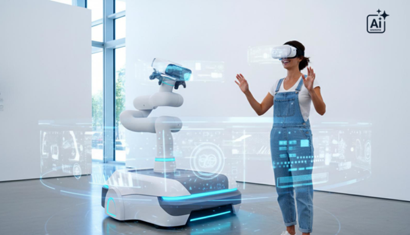 Eine darstellung von einer Person welche eine VR Brille trägt und um sich herum digitale Elemente sieht.
