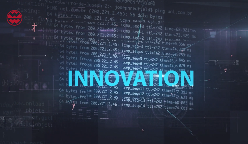 The word "INNOVATION" is highlighted in blue over a dark background filled with code and digital graphics.