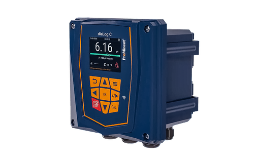 The single-channel controller viewed from the side; the display is on.