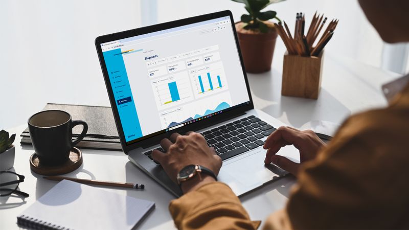 A person is using a laptop on which various charts can be seen.