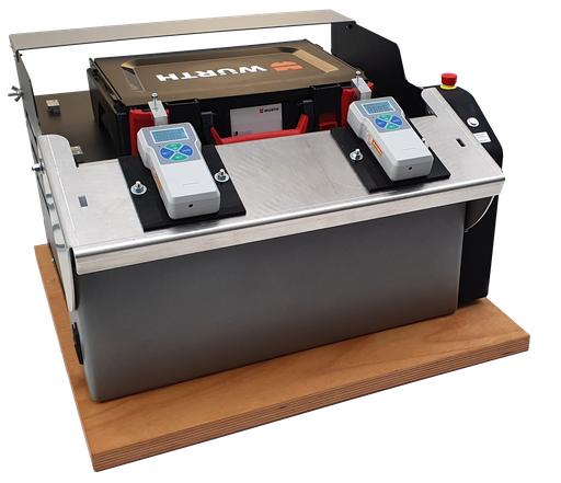 The test station for suitcase closures with multiple measuring devices.