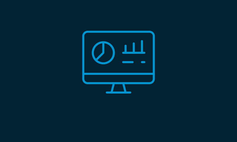 A blue line icon of a computer monitor displaying a pie chart and bar graph, symbolizing data analysis, on a dark background.